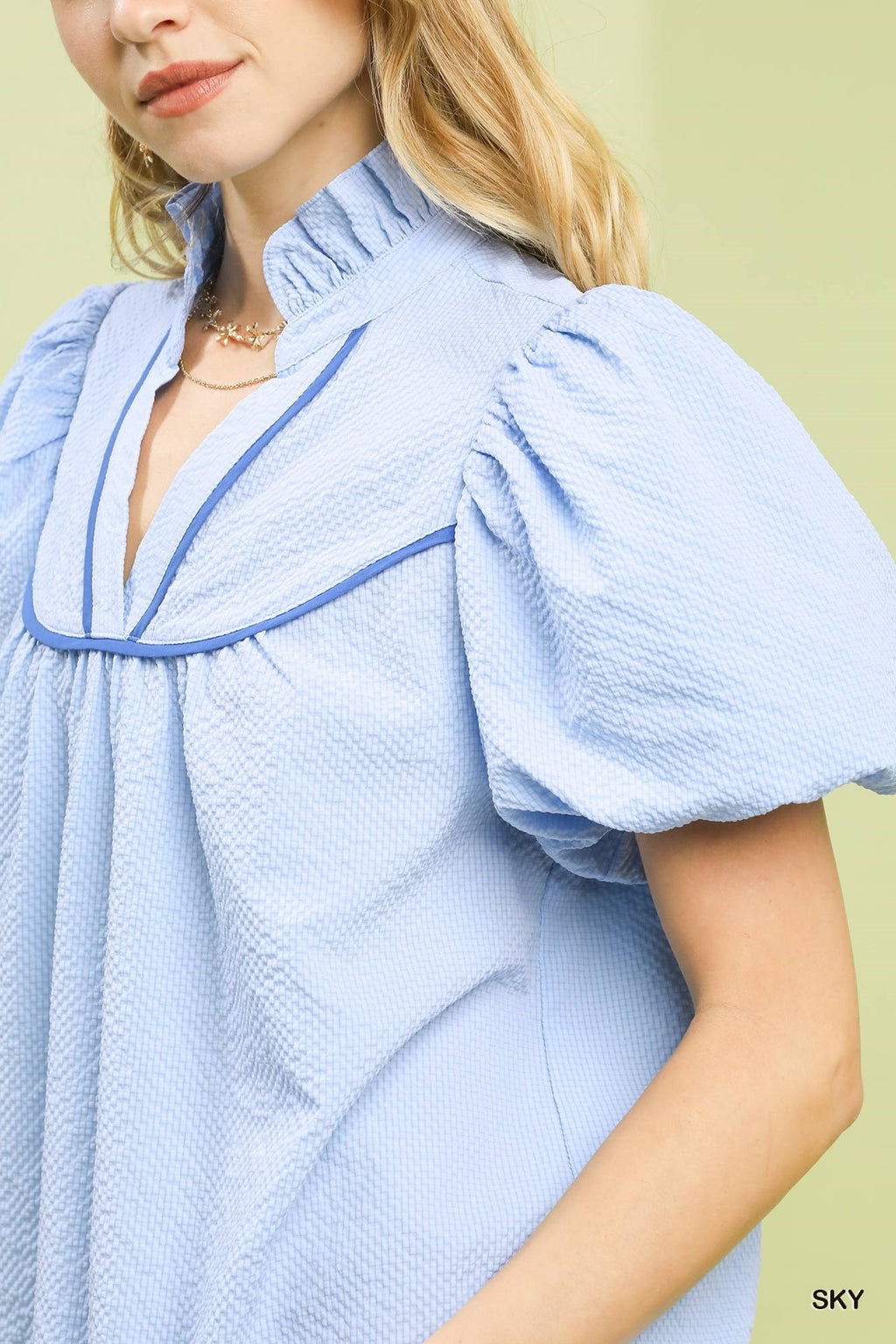 Textured Puff Sleeve Split Neck Blouse -