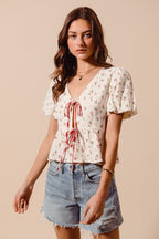 Ditsy Tie-Front Gauze Blouse -