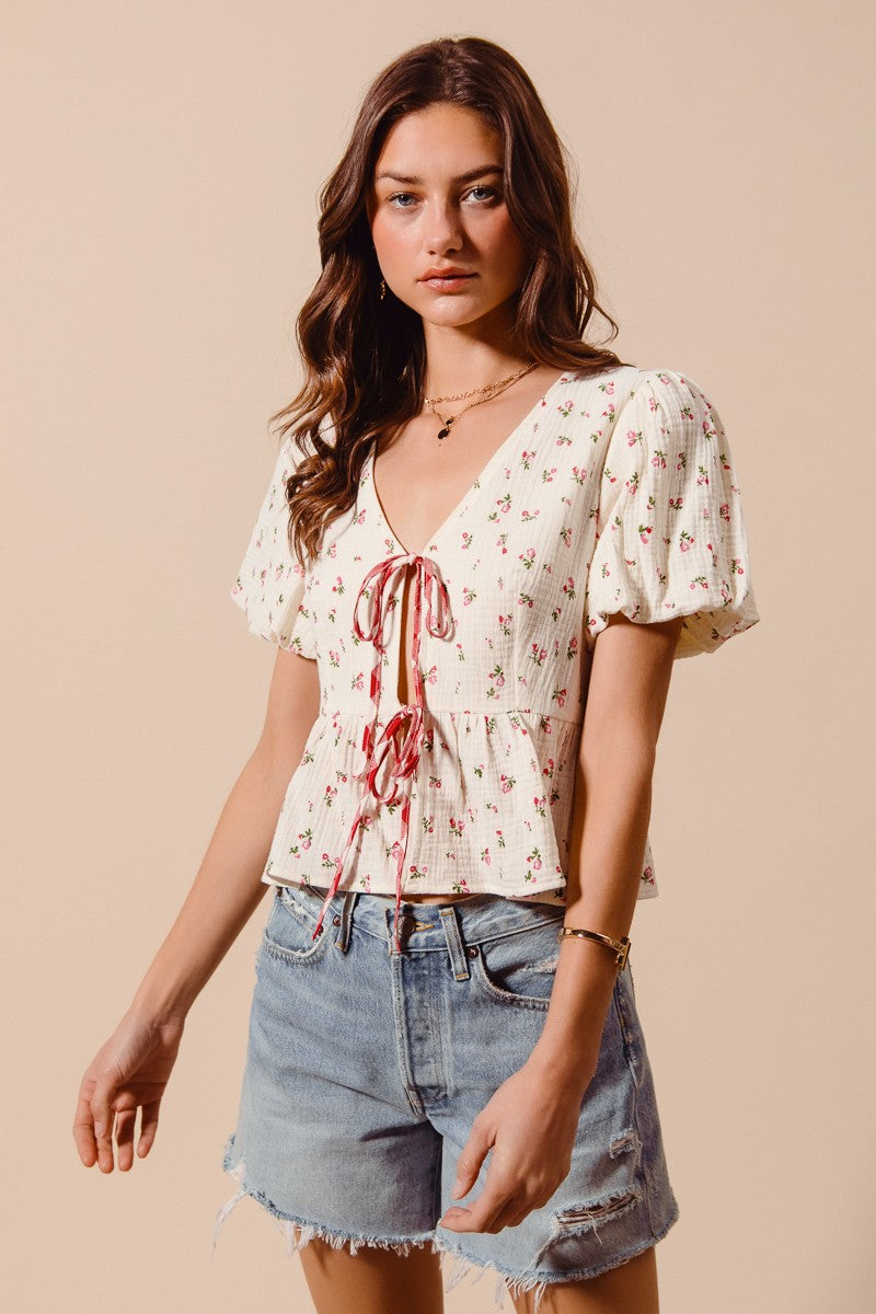 Ditsy Tie-Front Gauze Blouse -