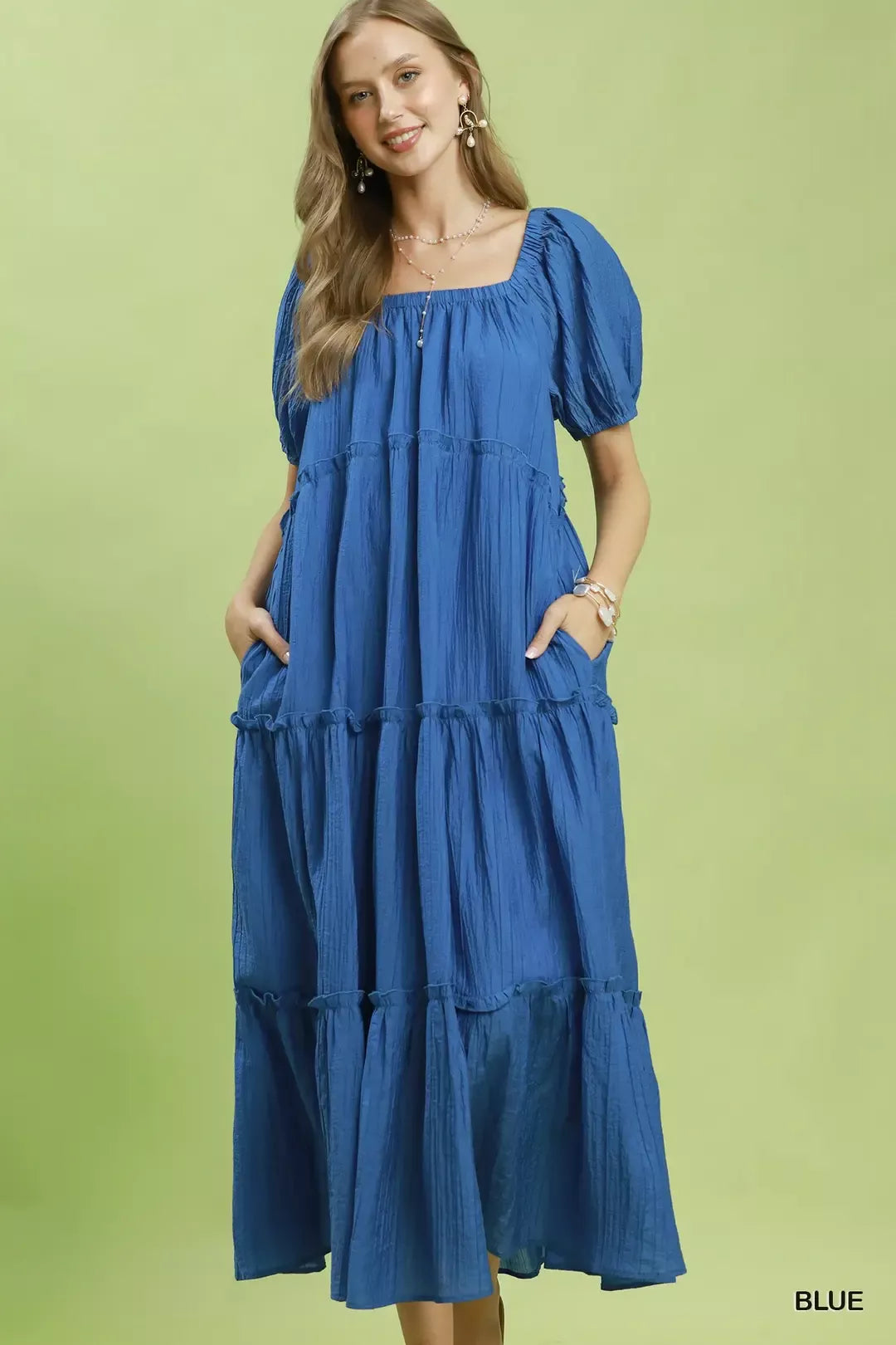 Blue Textured Tiered Puff Sleeve Dress -