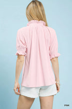 Textured Ruffle Sleeve V Neck Blouse -
