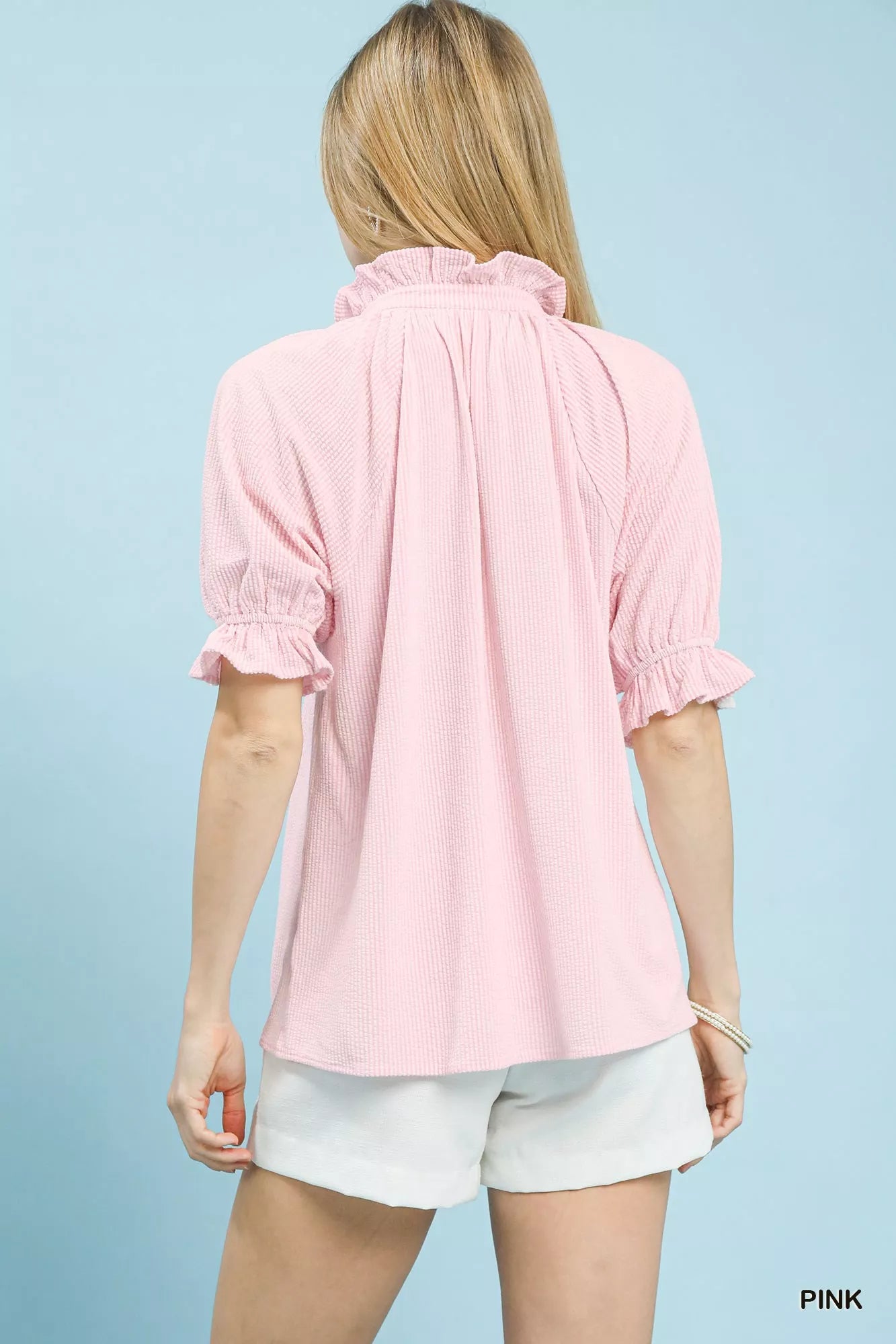 Textured Ruffle Sleeve V Neck Blouse -