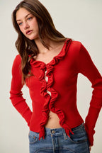 Cascade Ruffle Ribbed Cardigan -