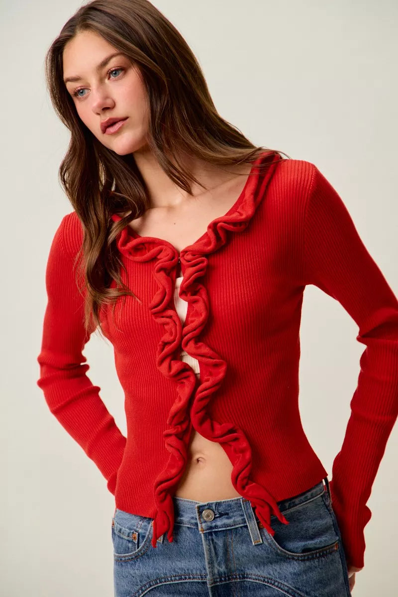 Cascade Ruffle Ribbed Cardigan -
