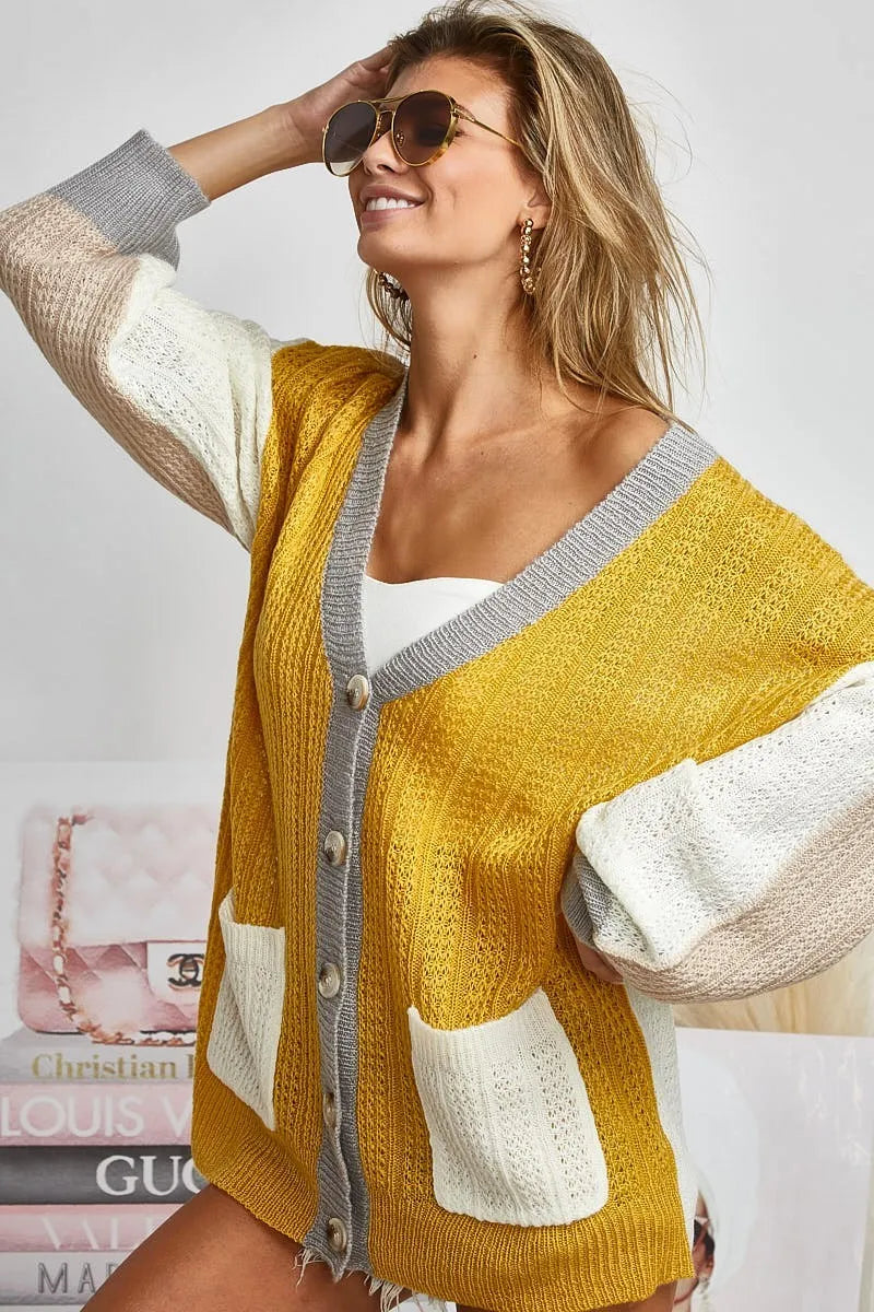 Color Block Button Front Knit Cardigan -