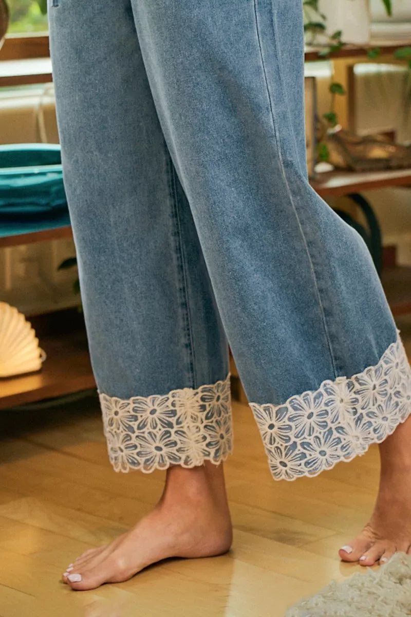 Lace Trim Wide Leg Pants -