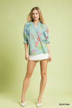 Floral Split Neck Puff Blouse -