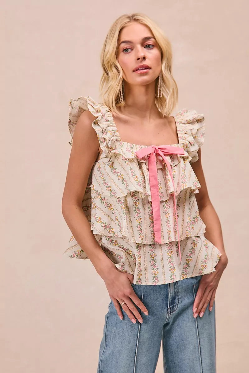 Floral Woven Bow Square Neck Top -