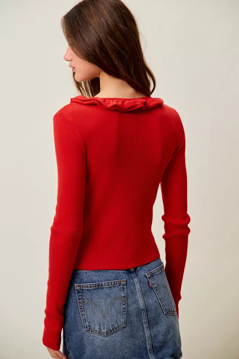 Cascade Ruffle Ribbed Cardigan -