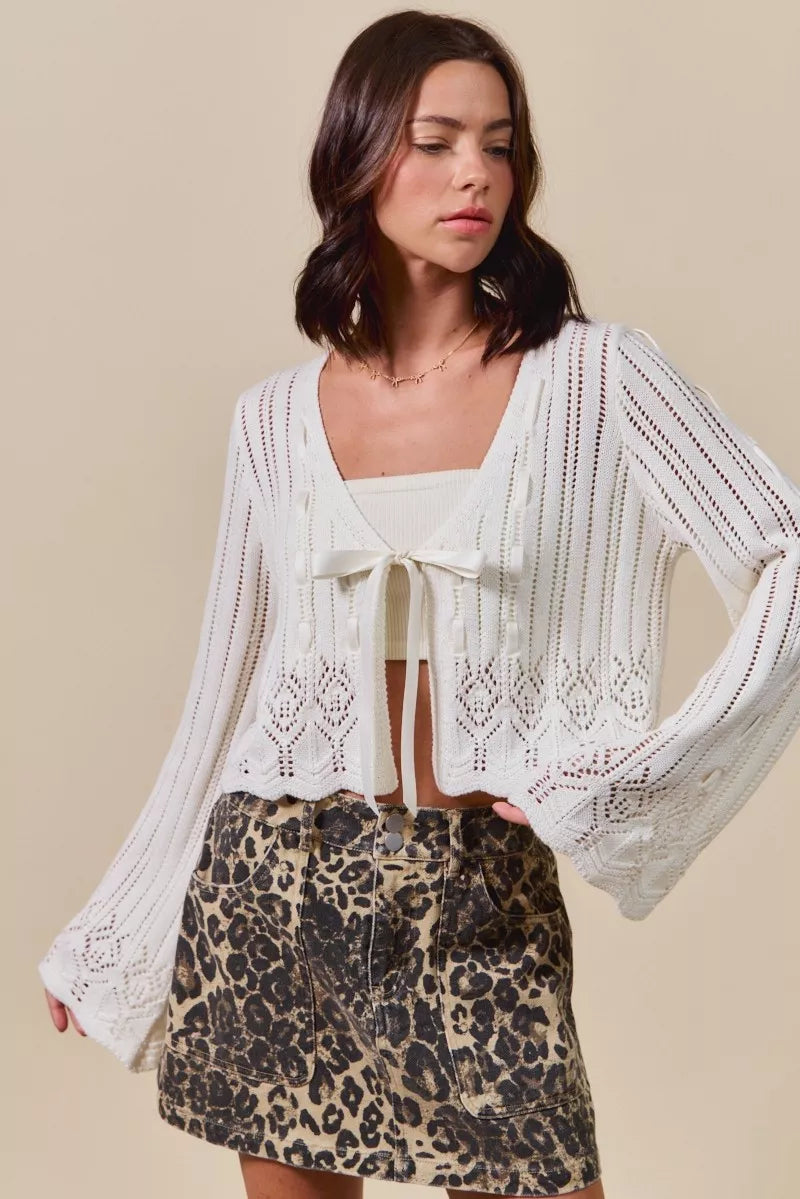 Ribbon Tie Open Front Cardigan - Off White