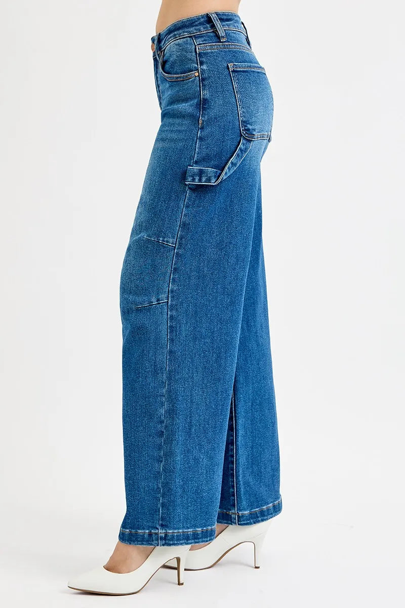 High Rise Patch Detail Wide Jeans -
