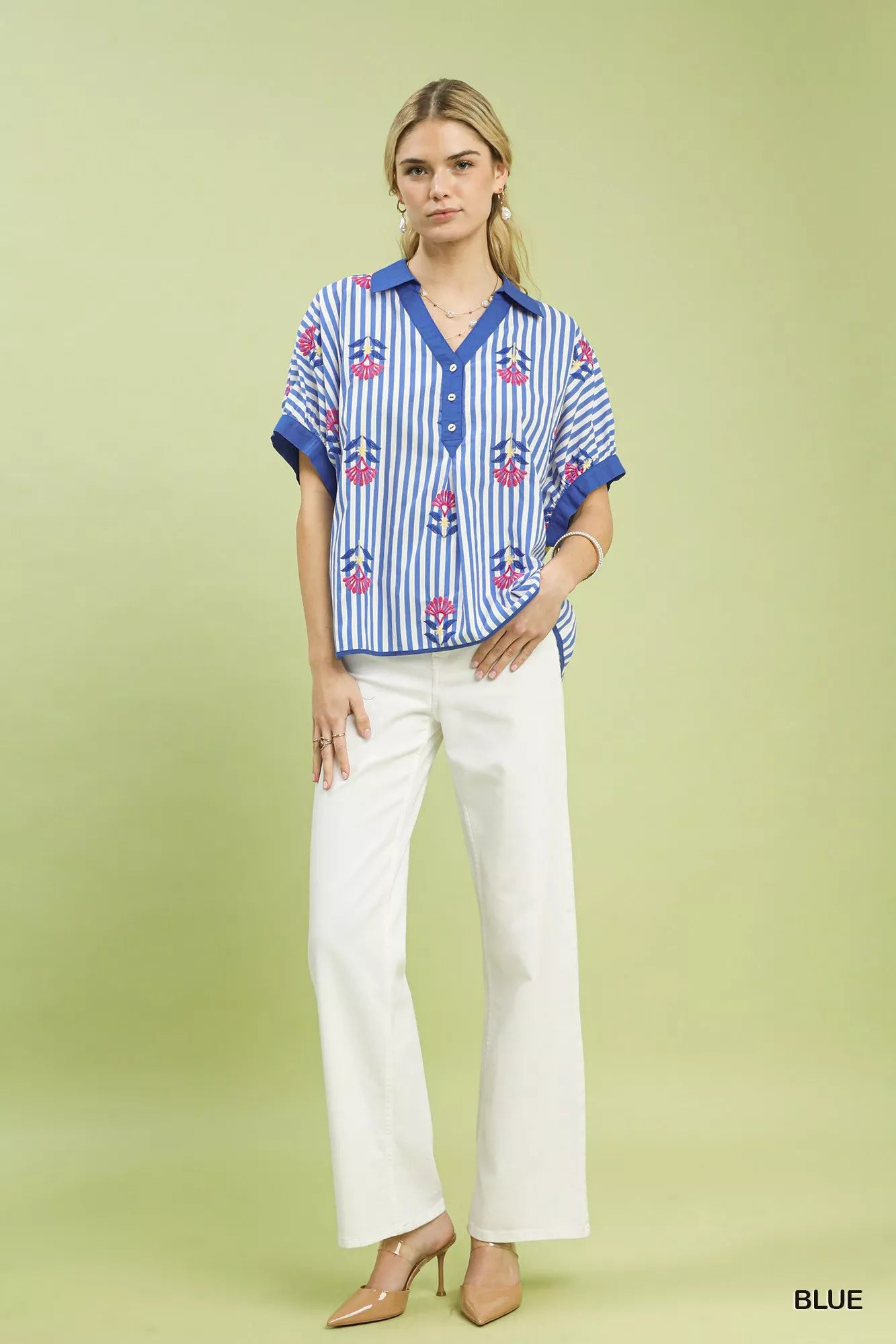 Striped Embroidered Button Front Boho Blouse Secondary image