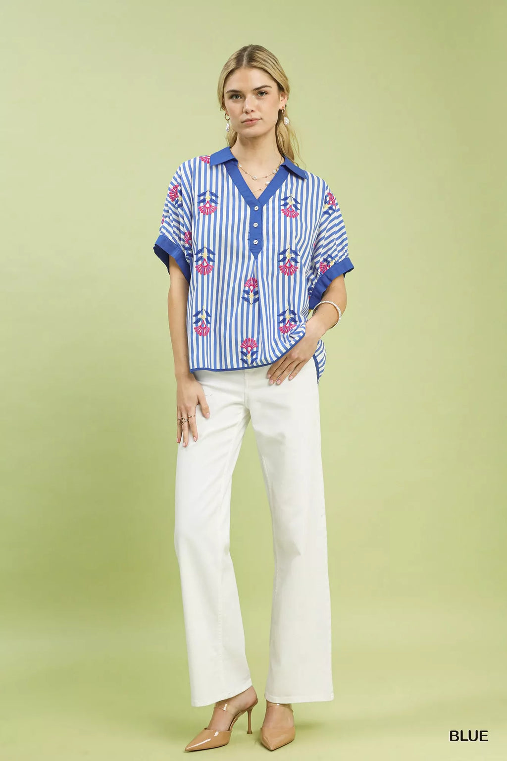 Striped Embroidered Button Front Boho Blouse -