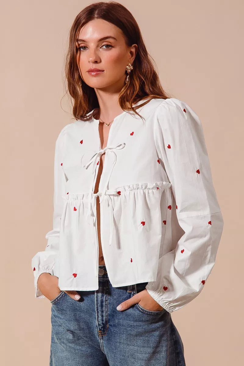 Front Tie Heart Puff Sleeve Blouse -
