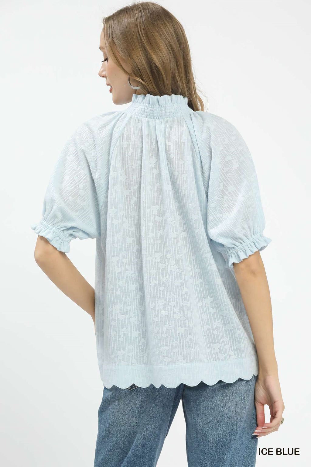 Textured Pintuck Scallop Hem Blouse -