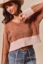 Chenille Cable Knit V Neck Sweater -