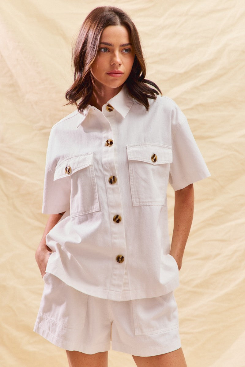 Button Front Utility Shorts Set - OFF WHITE