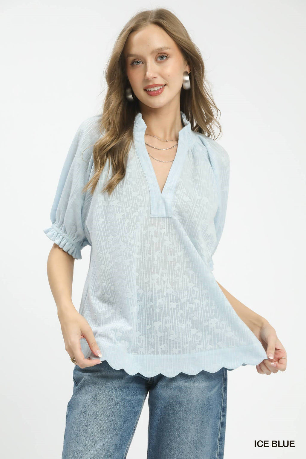 Textured Pintuck Scallop Hem Blouse - ICE BLUE