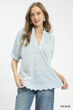 Textured Pintuck Scallop Hem Blouse - ICE BLUE