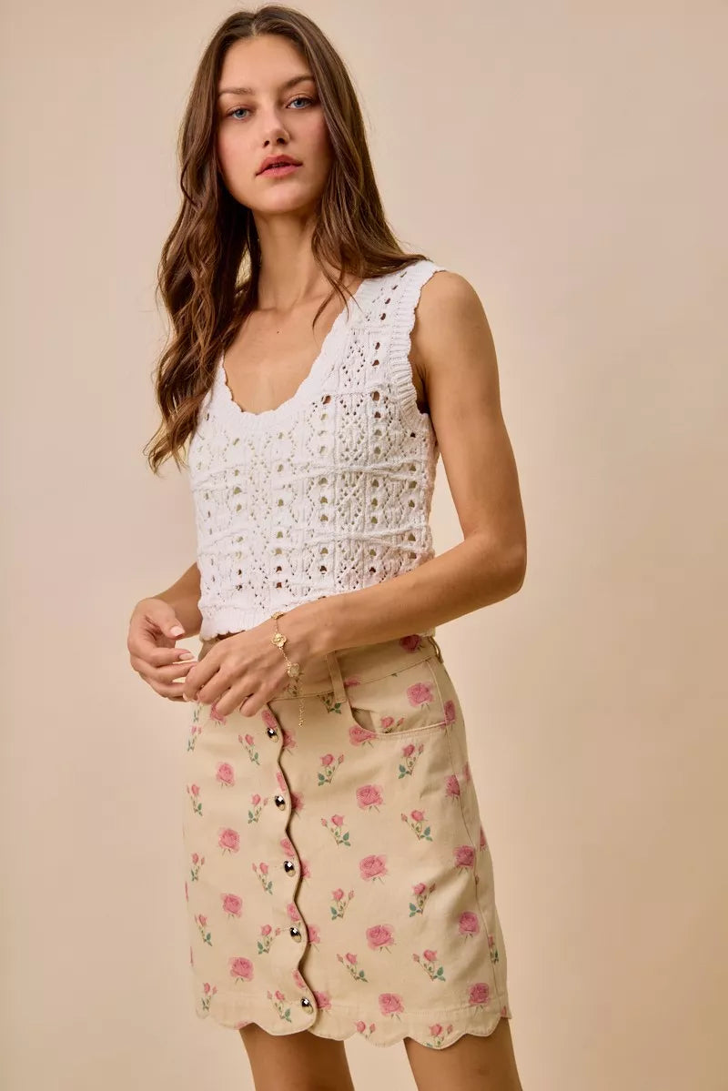 Rose Print Scallop Mini Skirt -
