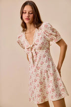 Cream Floral Lace Trim Mini Dress -
