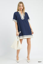 Contrast Trim Linen Split Neck Mini Dress - NAVY