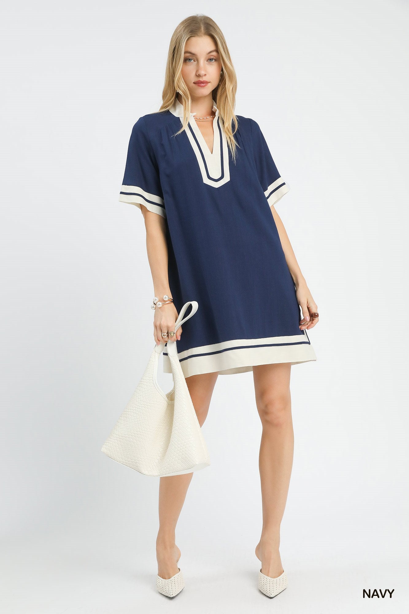 Contrast Trim Linen Split Neck Mini Dress - NAVY