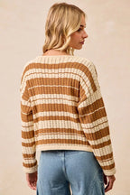 Striped Open Knit Braided Detail Sweater -