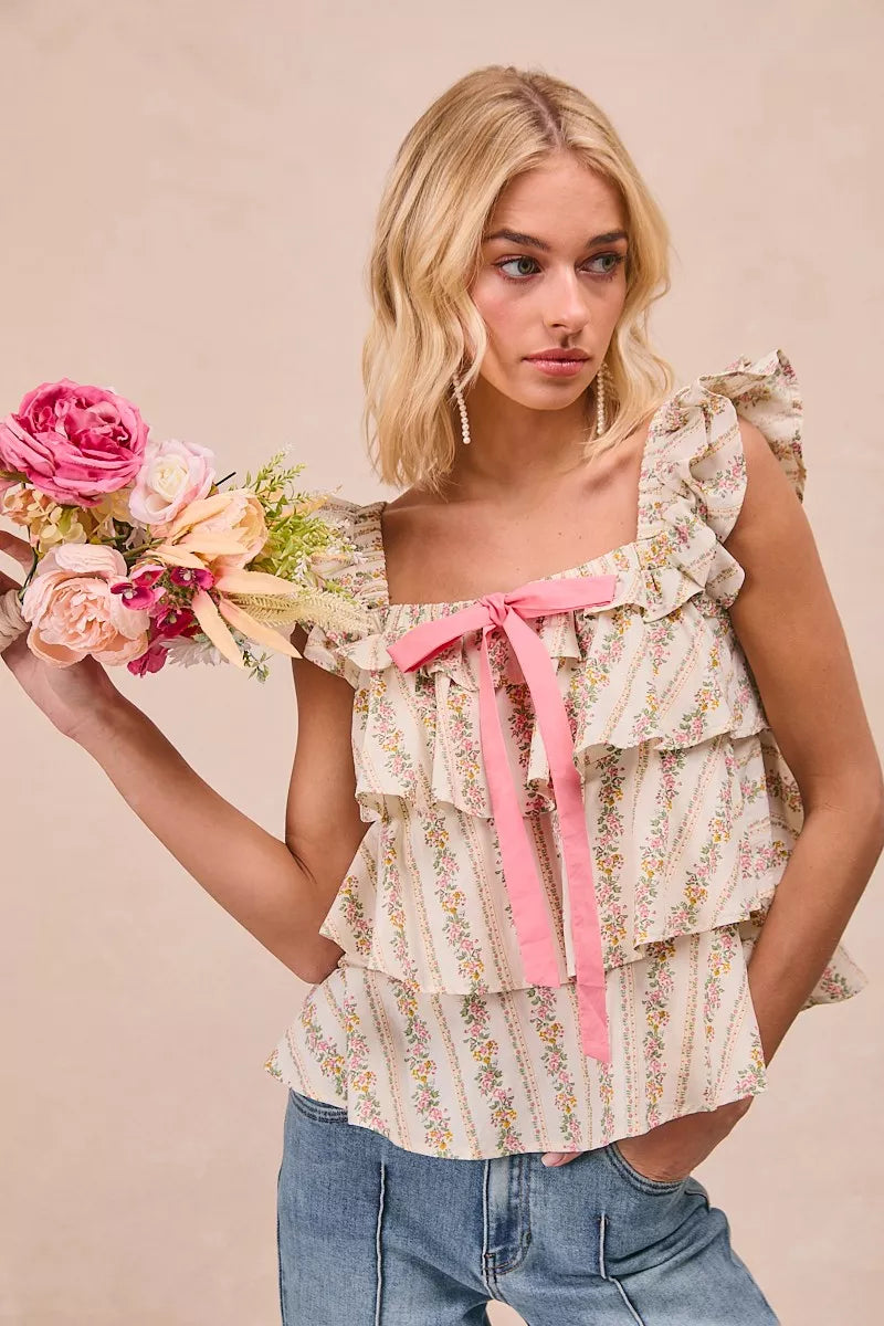 Floral Woven Bow Square Neck Top -