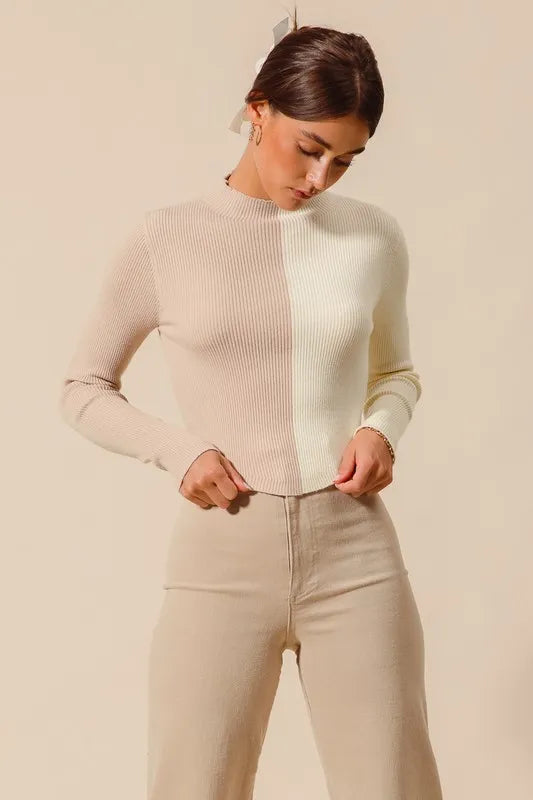 Fitted Color Block Crop Sweater -