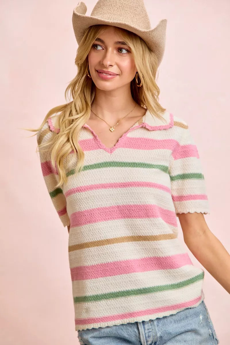 Striped Collared Multi Color Knit Top -