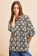 Floral Jacquard Short Dolman Sleeve Shirt -