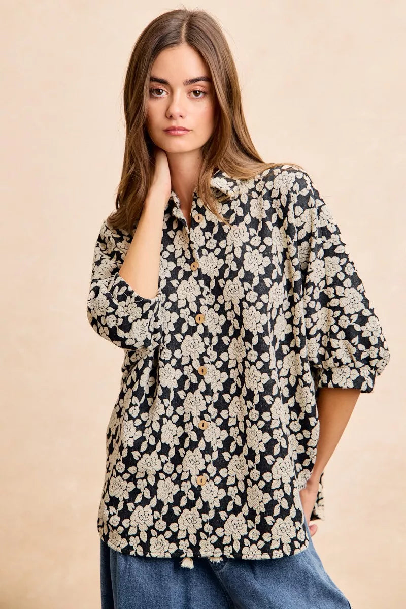 Floral Jacquard Short Dolman Sleeve Shirt -