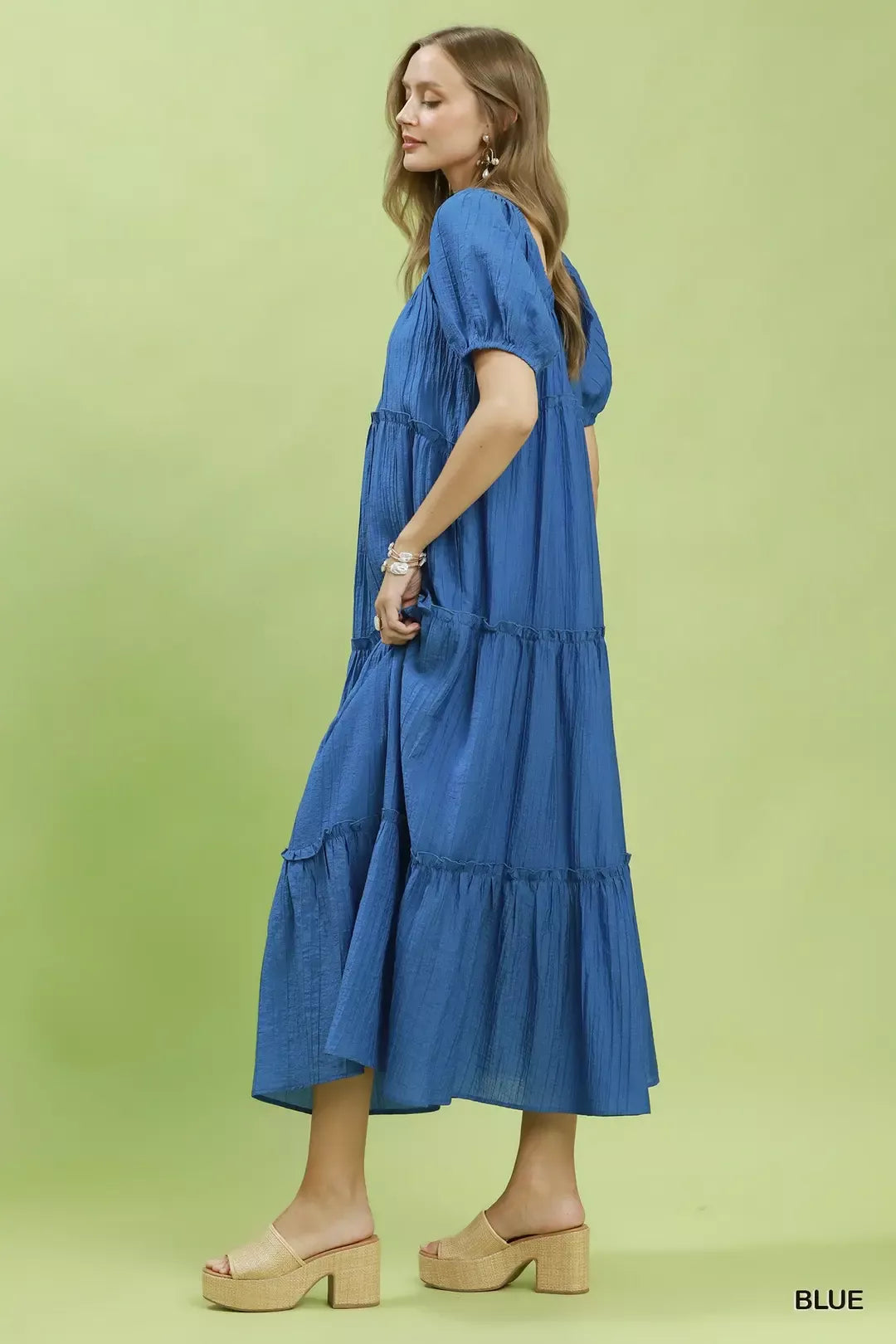Blue Textured Tiered Puff Sleeve Dress -