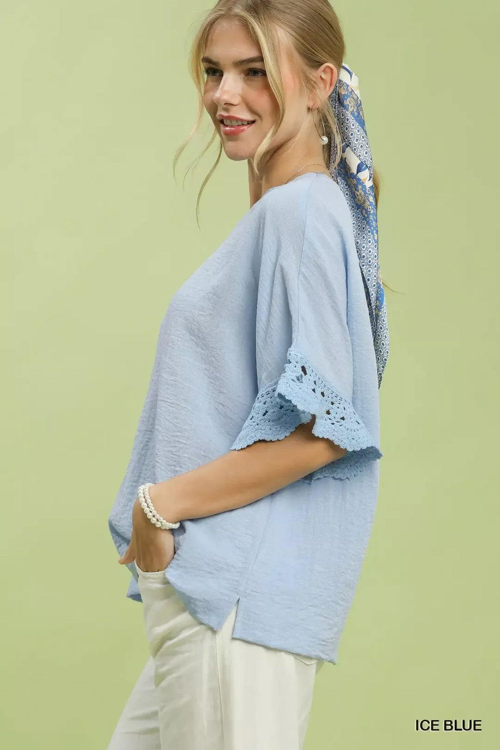 Crochet Trim Flutter Sleeve Top -