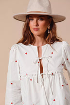 Front Tie Heart Puff Sleeve Blouse -