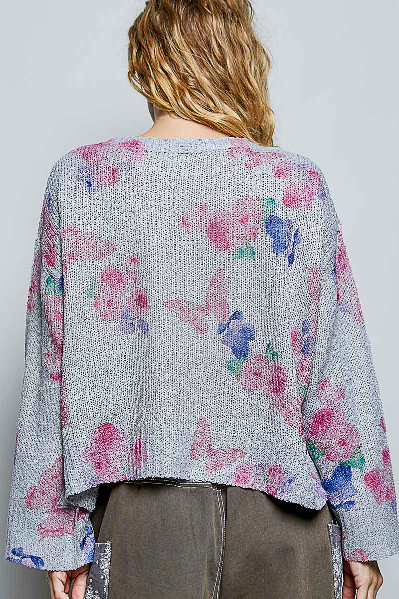 Butterfly Print Ribbed Knit Top -