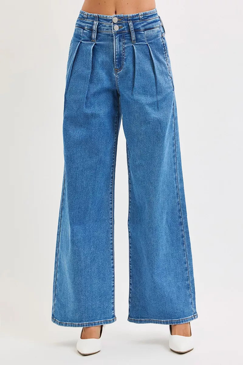 Mid Rise Pleated Wide Leg Jeans -