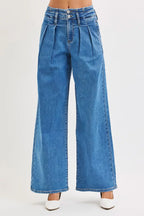 Mid Rise Pleated Wide Leg Jeans -