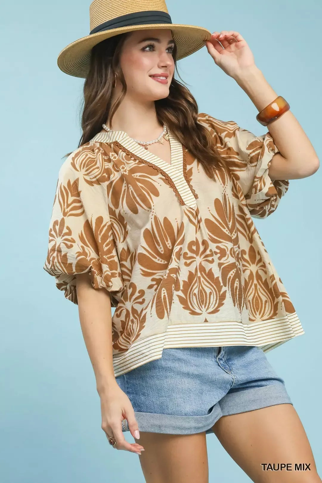 Printed Puff Sleeve Trim Blouse -