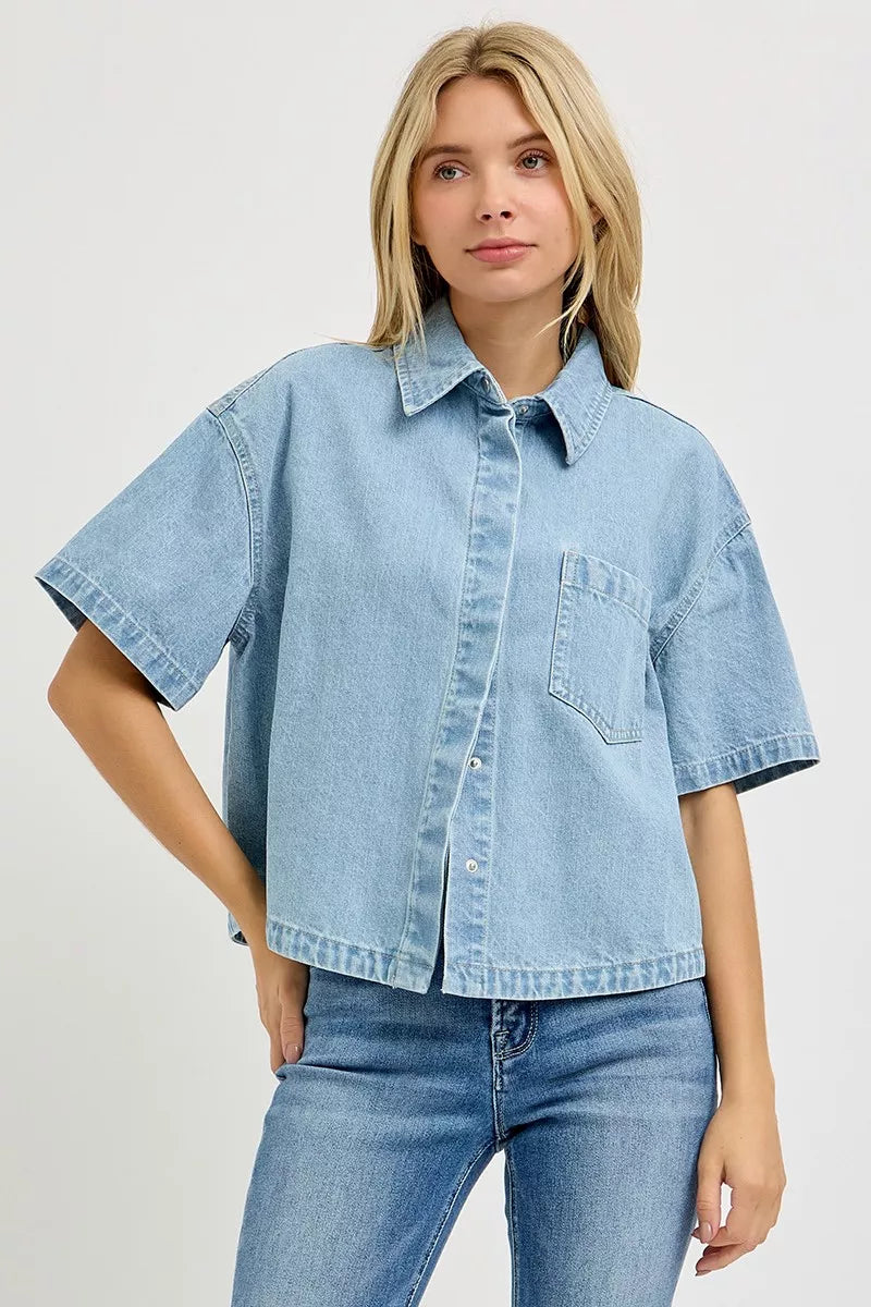 Oversized Cropped Denim Shirt -
