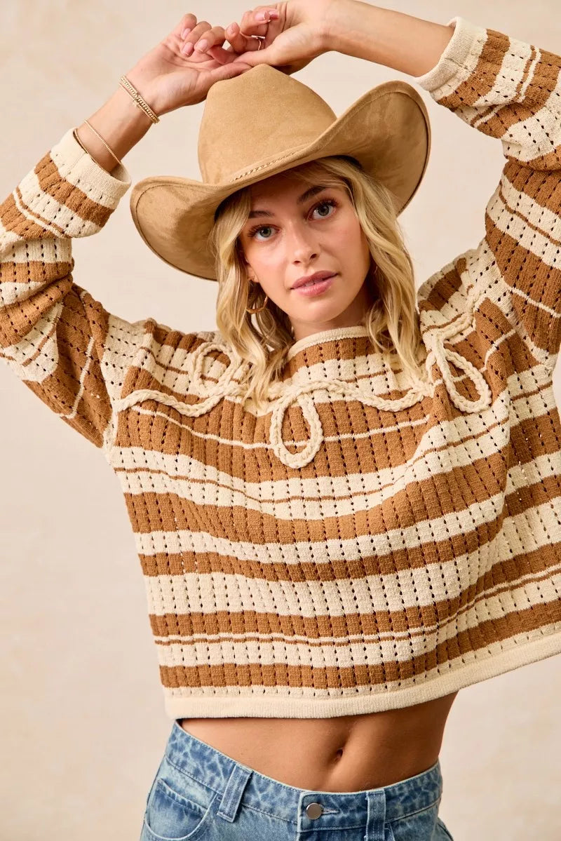 Striped Open Knit Braided Detail Sweater -