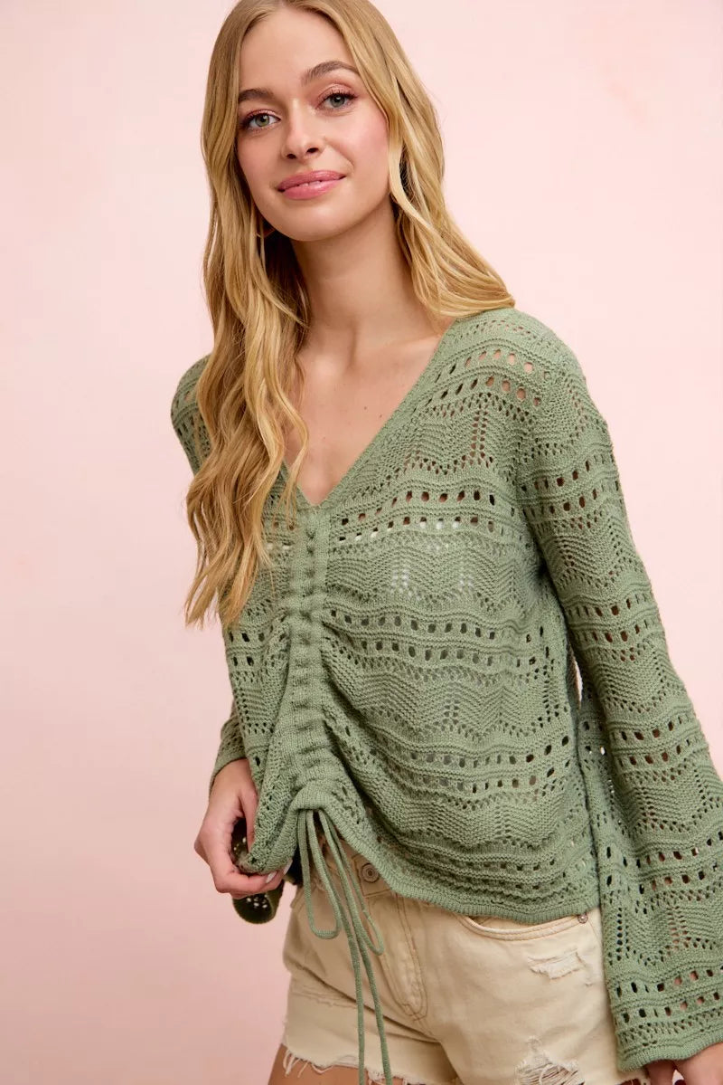 Pointelle Ruched V Neck Sweater -