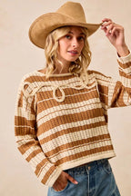 Striped Open Knit Braided Detail Sweater -