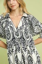 Border Print Flutter Sleeve Midi Dress -