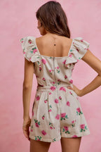 Floral Ruffle Cutout Denim Romper -