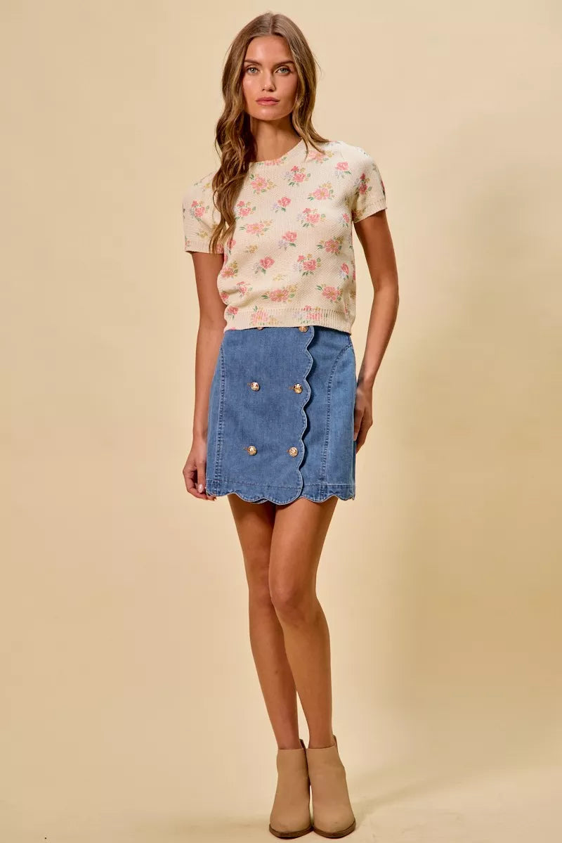 Scalloped Button Front Denim Skirt - Denim Main image