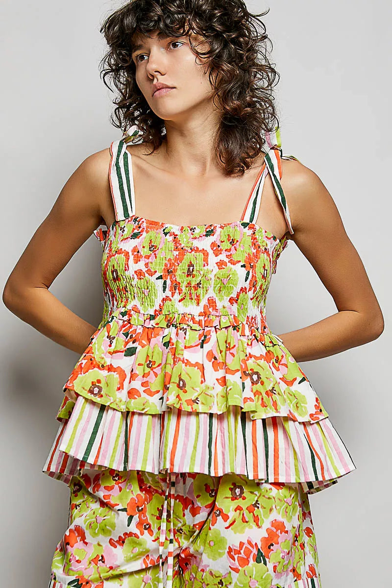 Floral Smocked Ruffle Tie Cami -