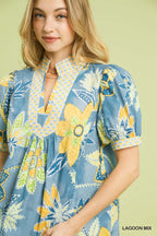 Mixed Abstract Puff Sleeve Blouse -