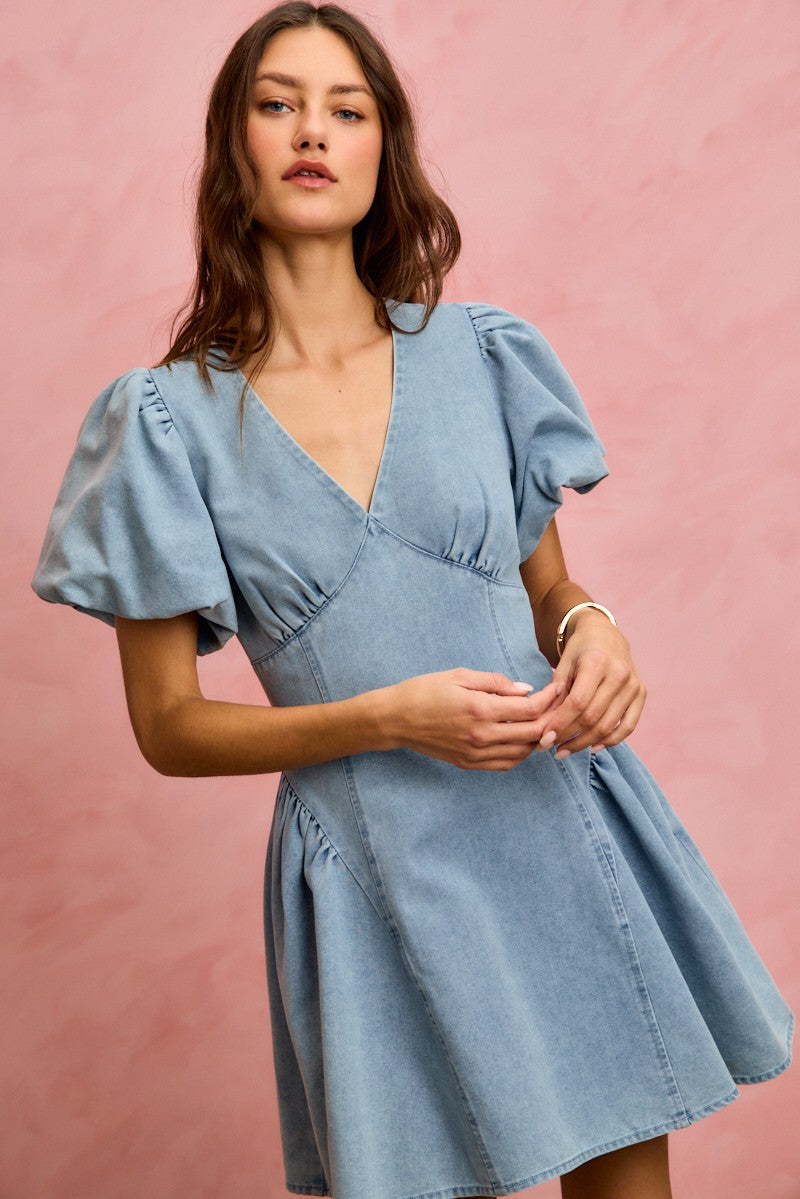 Denim Puff Sleeve Mini Dress -